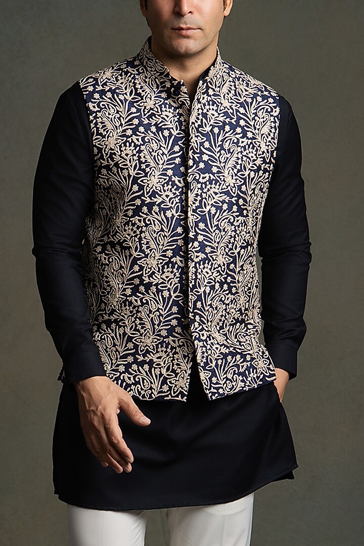 Dark Blue Dupion Silk Thread Embroidered Nehru Jacket Set by Line by Shamim Khan at Pernia's Pop Up Shop