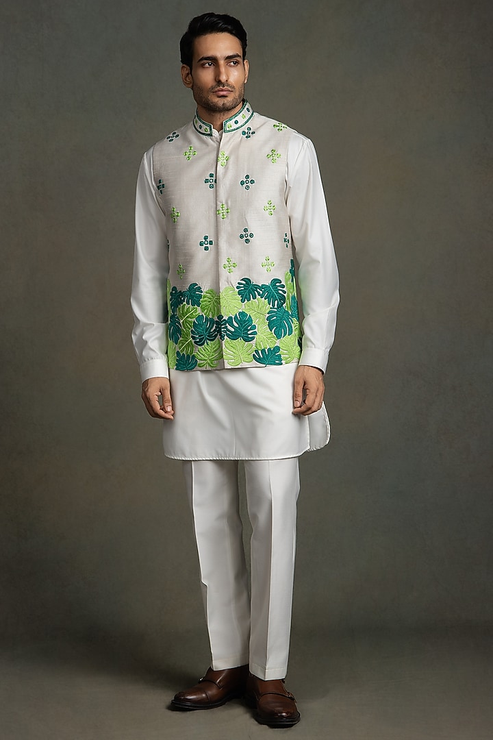 Off-White Dupion Silk Thread Embroidered Nehru Jacket Set by Line by Shamim Khan at Pernia's Pop Up Shop