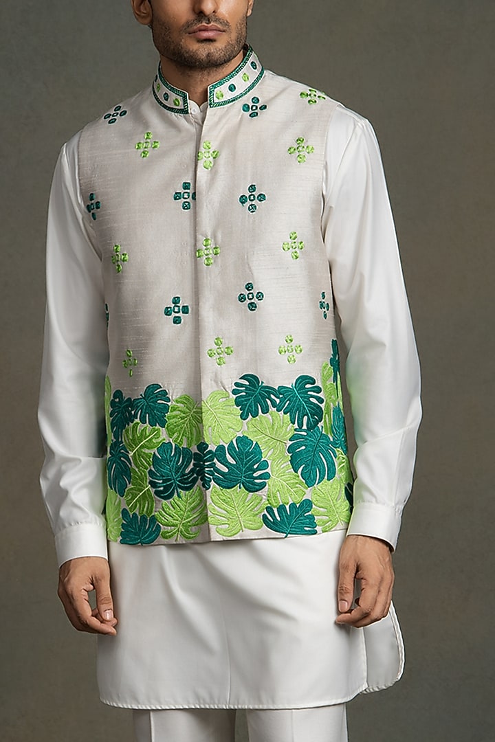 Off-White Dupion Silk Thread Embroidered Nehru Jacket Set by Line by Shamim Khan at Pernia's Pop Up Shop