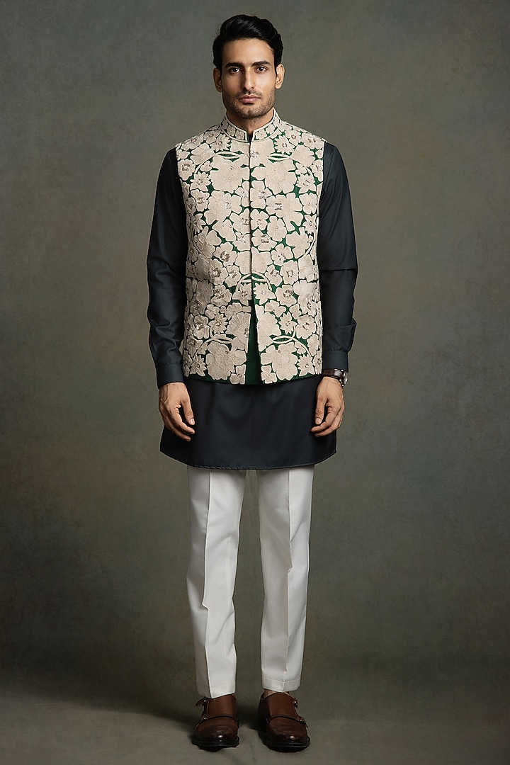 Dark Green Dupion Glass Embroidered Nehru Jacket Set by Line by Shamim Khan at Pernia's Pop Up Shop