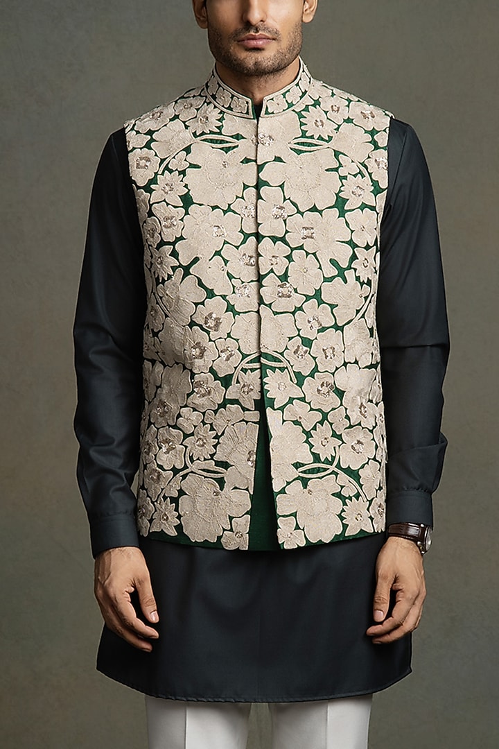 Dark Green Dupion Glass Embroidered Nehru Jacket Set by Line by Shamim Khan at Pernia's Pop Up Shop