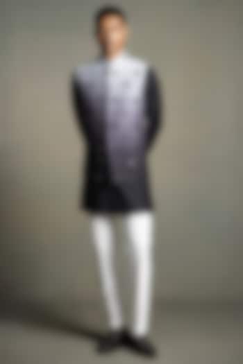 Black Ombre Raw Silk Stone Embroidered Nehru Jacket Set by Line by Shamim Khan at Pernia's Pop Up Shop