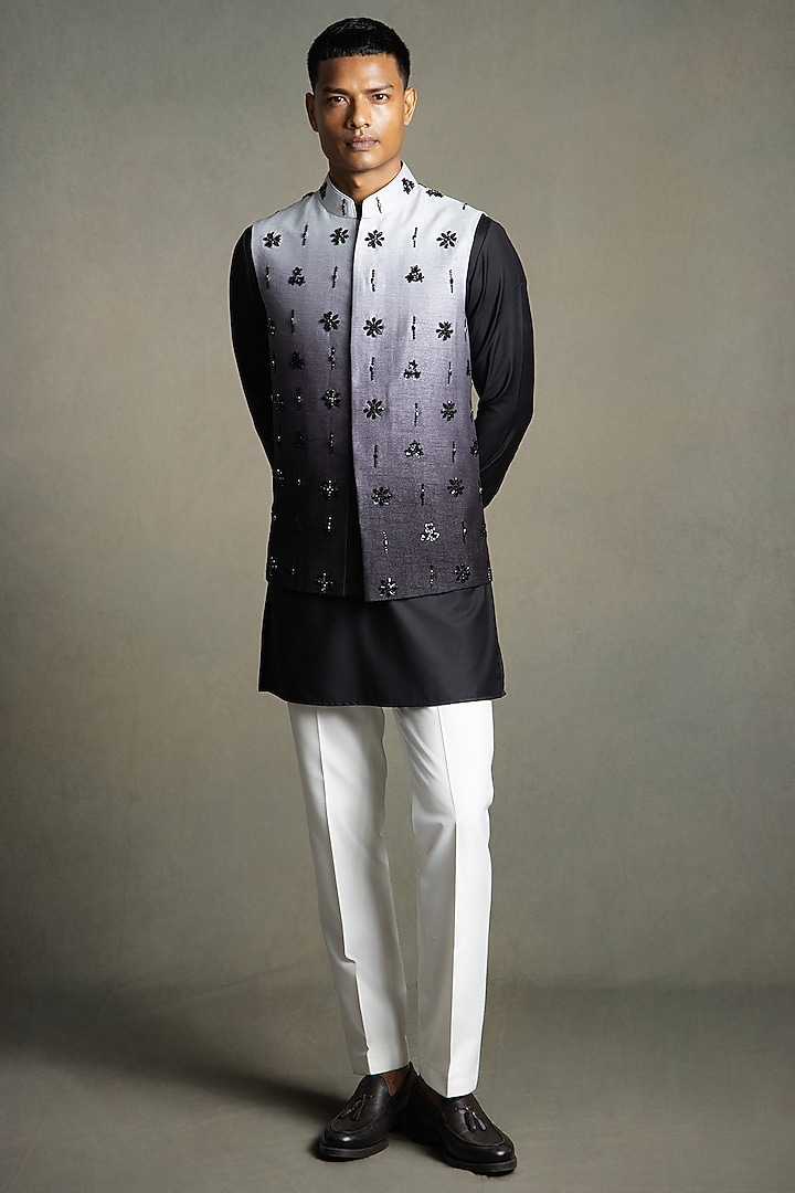 Black Ombre Raw Silk Stone Embroidered Nehru Jacket Set by Line by Shamim Khan at Pernia's Pop Up Shop