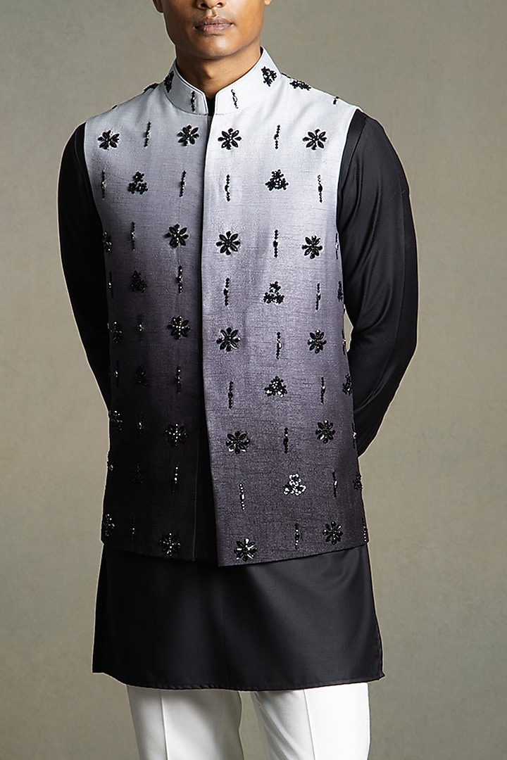 Black Ombre Raw Silk Stone Embroidered Nehru Jacket Set by Line by Shamim Khan at Pernia's Pop Up Shop