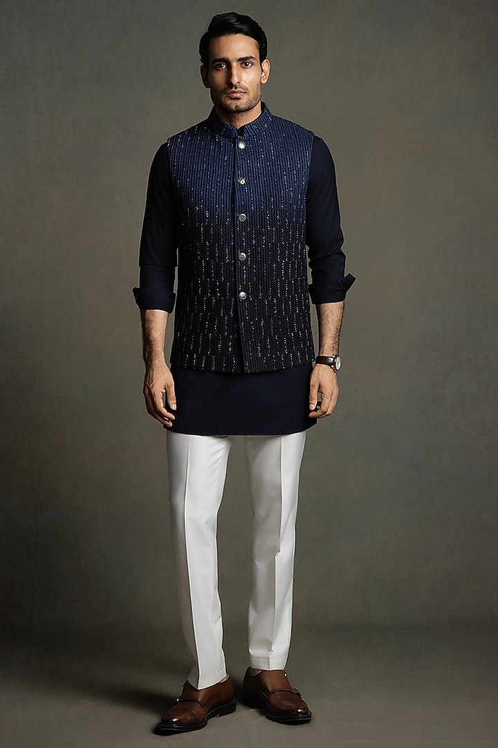 Navy Blue Ombre Dola Silk Thread Embroidered Nehru Jacket Set by Line by Shamim Khan at Pernia's Pop Up Shop