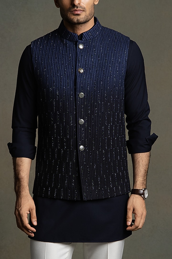 Navy Blue Ombre Dola Silk Thread Embroidered Nehru Jacket Set by Line by Shamim Khan at Pernia's Pop Up Shop