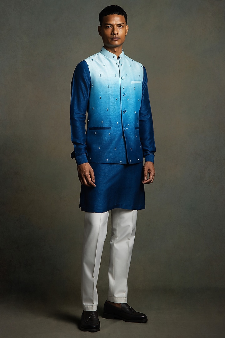 Blue Ombre Dupion Silk Thread Embroidered Nehru Jacket Set by Line by Shamim Khan at Pernia's Pop Up Shop