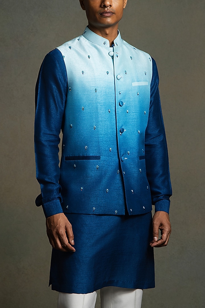 Blue Ombre Dupion Silk Thread Embroidered Nehru Jacket Set by Line by Shamim Khan at Pernia's Pop Up Shop