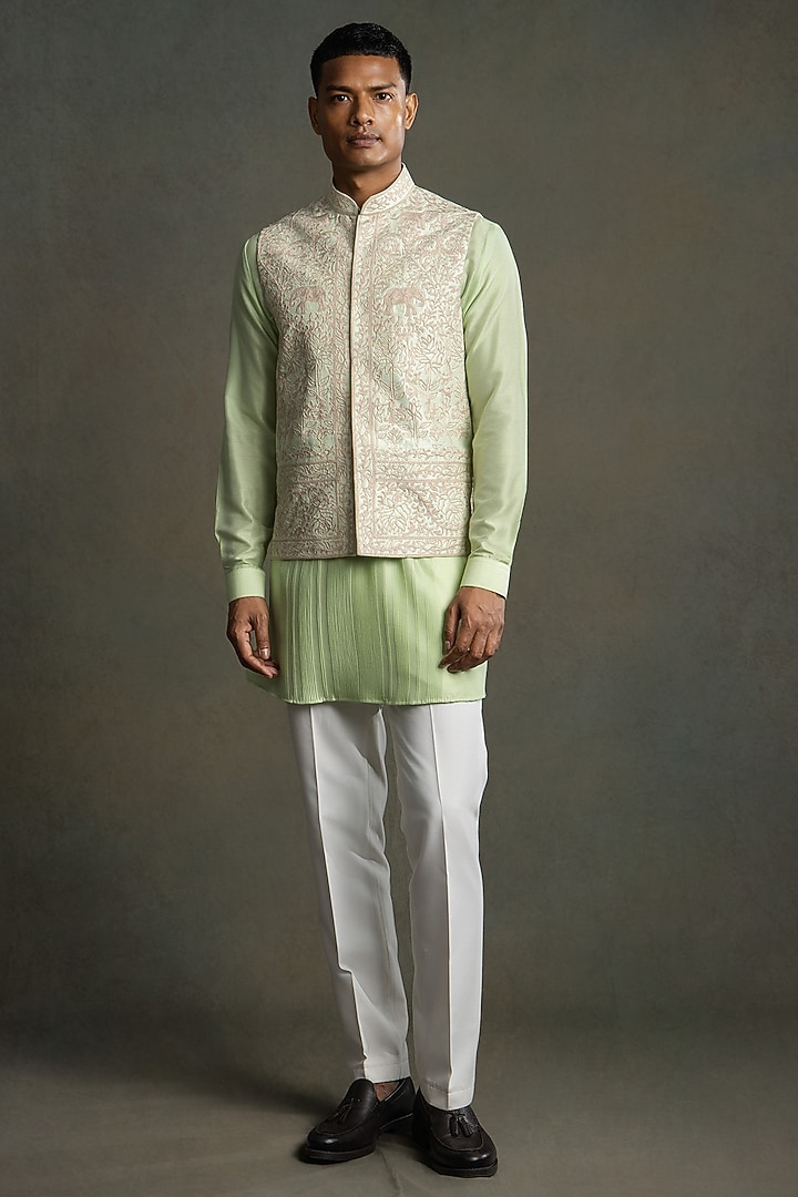 Pista Green Dupion Glass Embroidered Nehru Jacket Set by Line by Shamim Khan at Pernia's Pop Up Shop