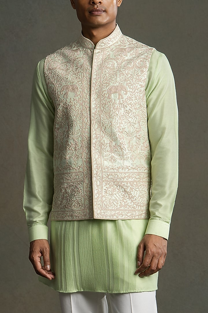 Pista Green Dupion Glass Embroidered Nehru Jacket Set by Line by Shamim Khan at Pernia's Pop Up Shop