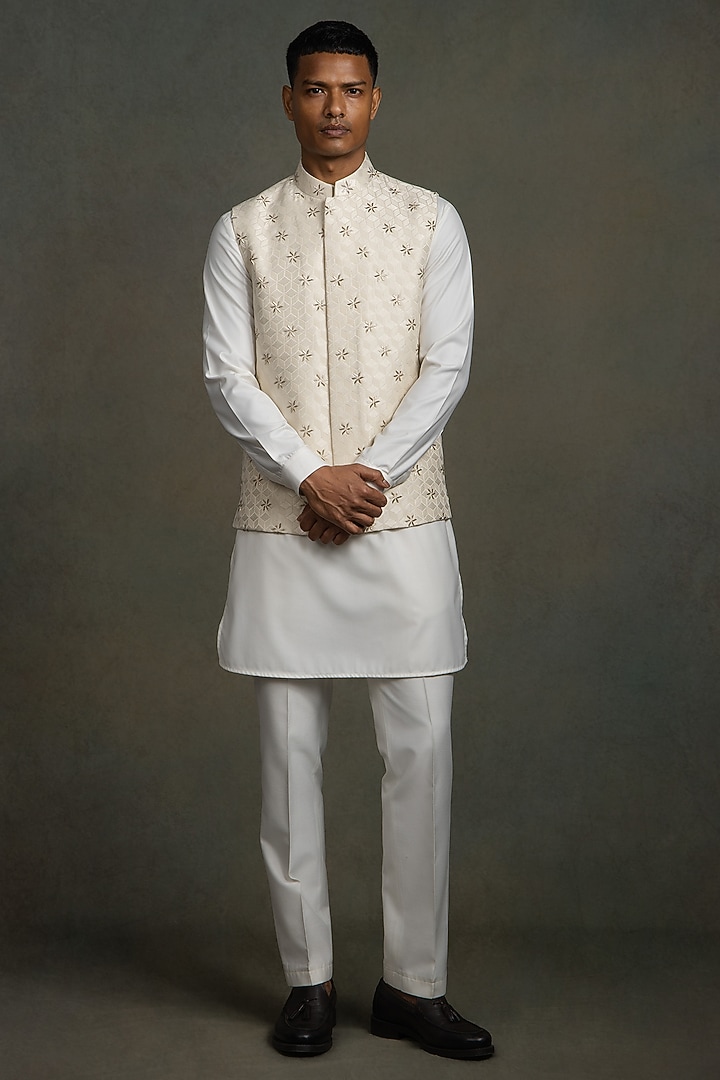 Off-White Jacquard Silk Glass-Cut Embroidered Nehru Jacket Set by Line by Shamim Khan at Pernia's Pop Up Shop