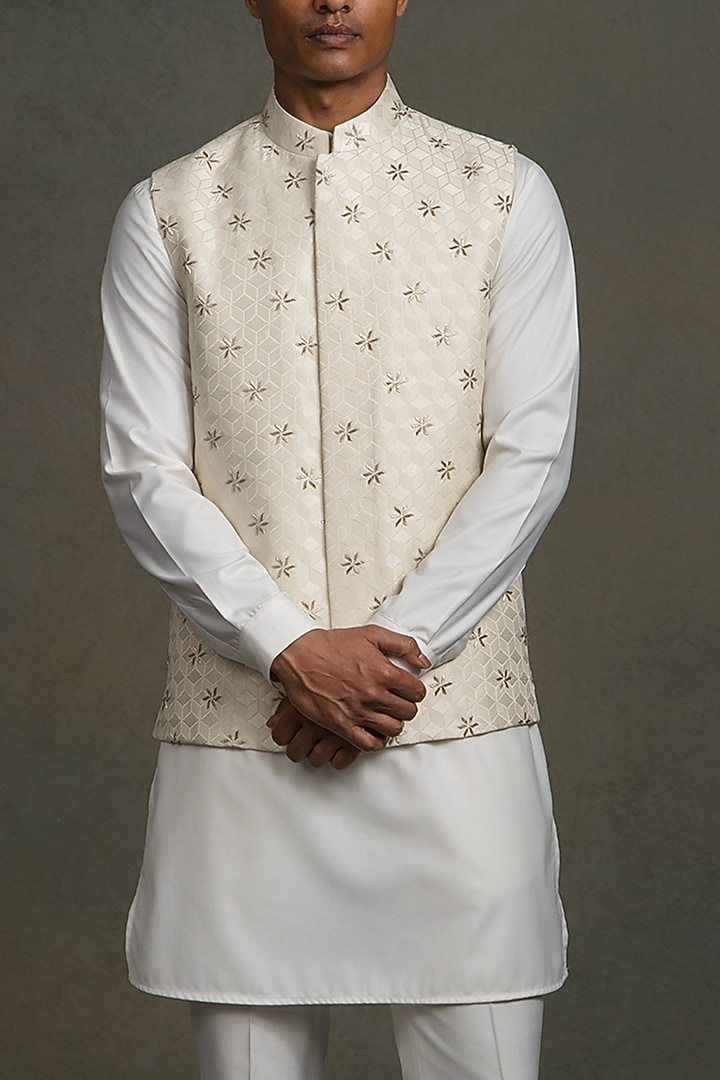 Off-White Jacquard Silk Glass-Cut Embroidered Nehru Jacket Set by Line by Shamim Khan at Pernia's Pop Up Shop
