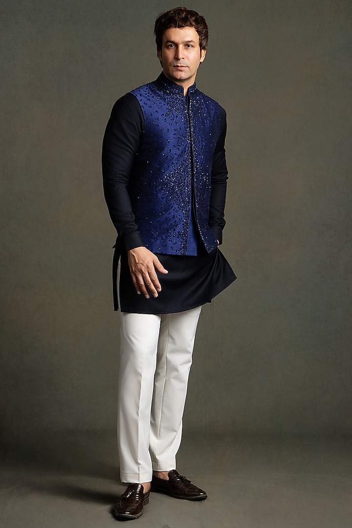 Navy Blue Dupion Silk Thread Embroidered Nehru Jacket Set by Line by Shamim Khan at Pernia's Pop Up Shop
