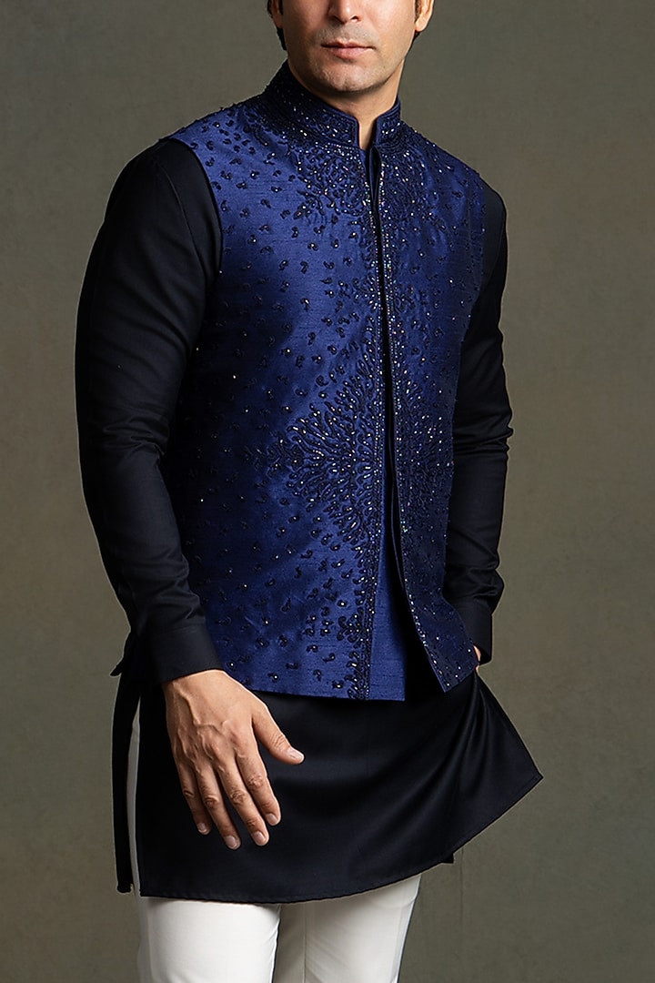 Navy Blue Dupion Silk Thread Embroidered Nehru Jacket Set by Line by Shamim Khan at Pernia's Pop Up Shop
