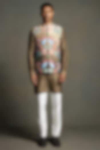 Bronze Ombre Raw Silk Thread Embroidered Nehru Jacket Set by Line by Shamim Khan at Pernia's Pop Up Shop