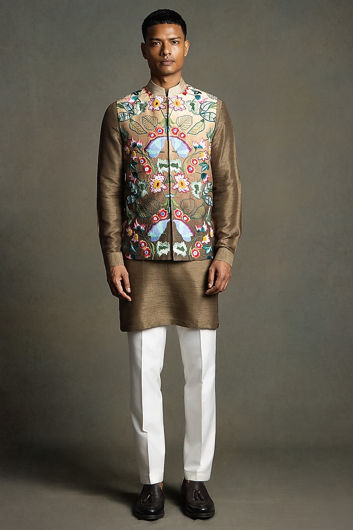 Bronze Ombre Raw Silk Thread Embroidered Nehru Jacket Set by Line by Shamim Khan at Pernia's Pop Up Shop