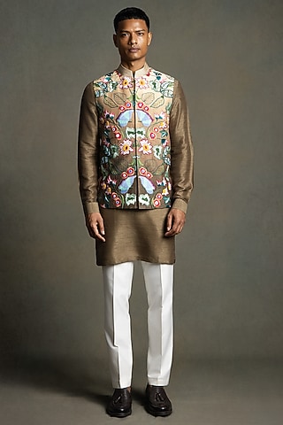 Bronze Ombre Raw Silk Thread Embroidered Nehru Jacket Set by Line by Shamim Khan