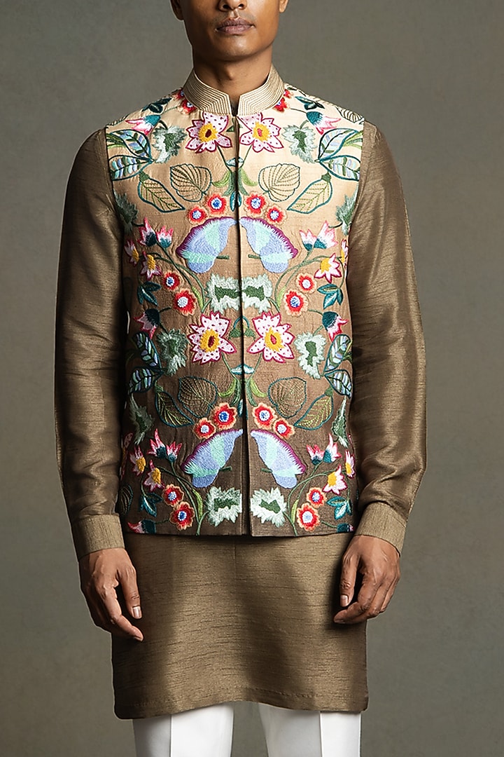 Bronze Ombre Raw Silk Thread Embroidered Nehru Jacket Set by Line by Shamim Khan at Pernia's Pop Up Shop