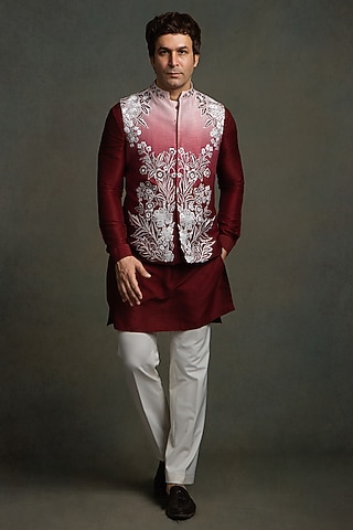 Red Wine Raw Silk Thread Embroidered Nehru Jacket Set by Line by Shamim Khan