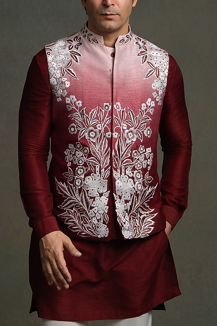 Red Wine Raw Silk Thread Embroidered Nehru Jacket Set by Line by Shamim Khan at Pernia's Pop Up Shop