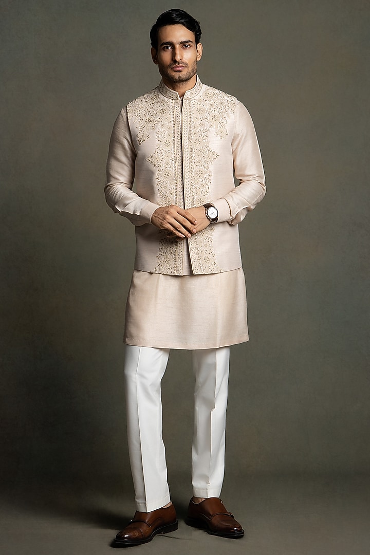 Rose Pink Dupion Silk Thread Embroidered Nehru Jacket Set by Line by Shamim Khan at Pernia's Pop Up Shop
