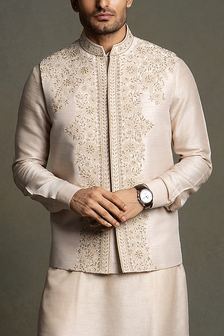 Rose Pink Dupion Silk Thread Embroidered Nehru Jacket Set by Line by Shamim Khan at Pernia's Pop Up Shop