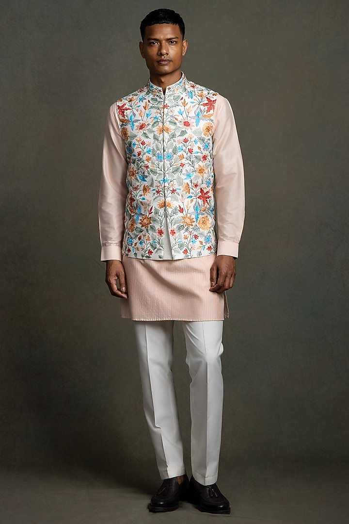 Off-White Raw Silk Thread Embroidered Nehru Jacket Set by Line by Shamim Khan at Pernia's Pop Up Shop