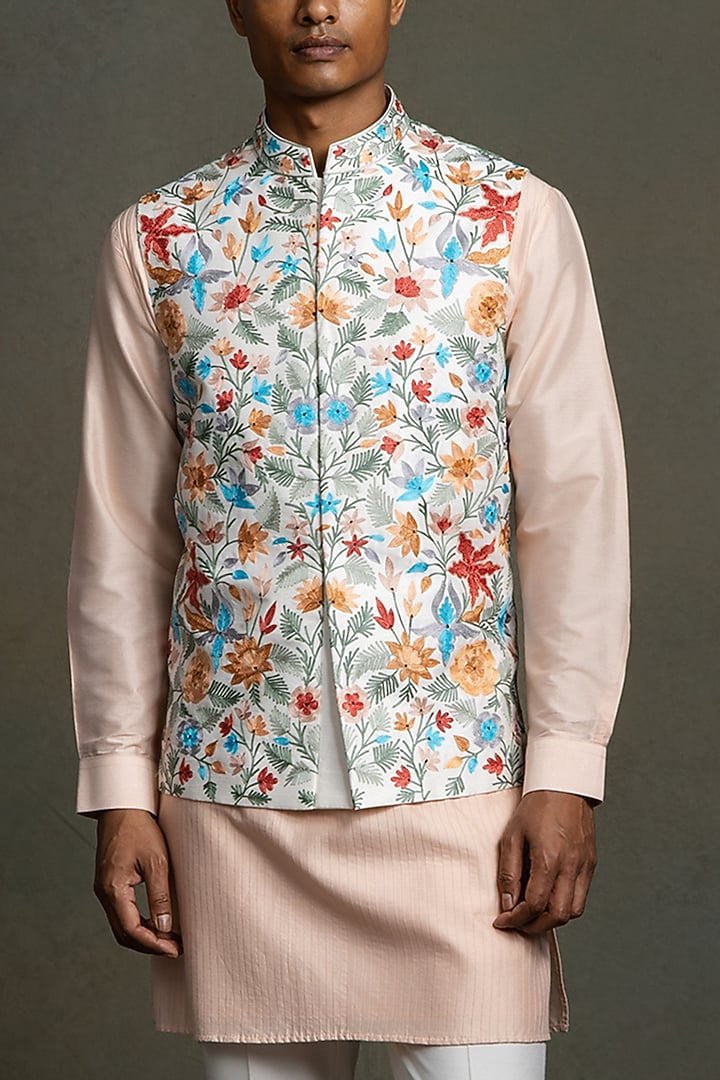 Off-White Raw Silk Thread Embroidered Nehru Jacket Set by Line by Shamim Khan at Pernia's Pop Up Shop