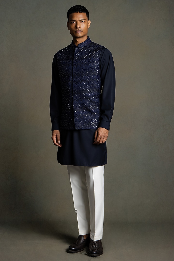 Dark Blue & Black Raw Silk Thread Embroidered Nehru Jacket Set by Line by Shamim Khan at Pernia's Pop Up Shop