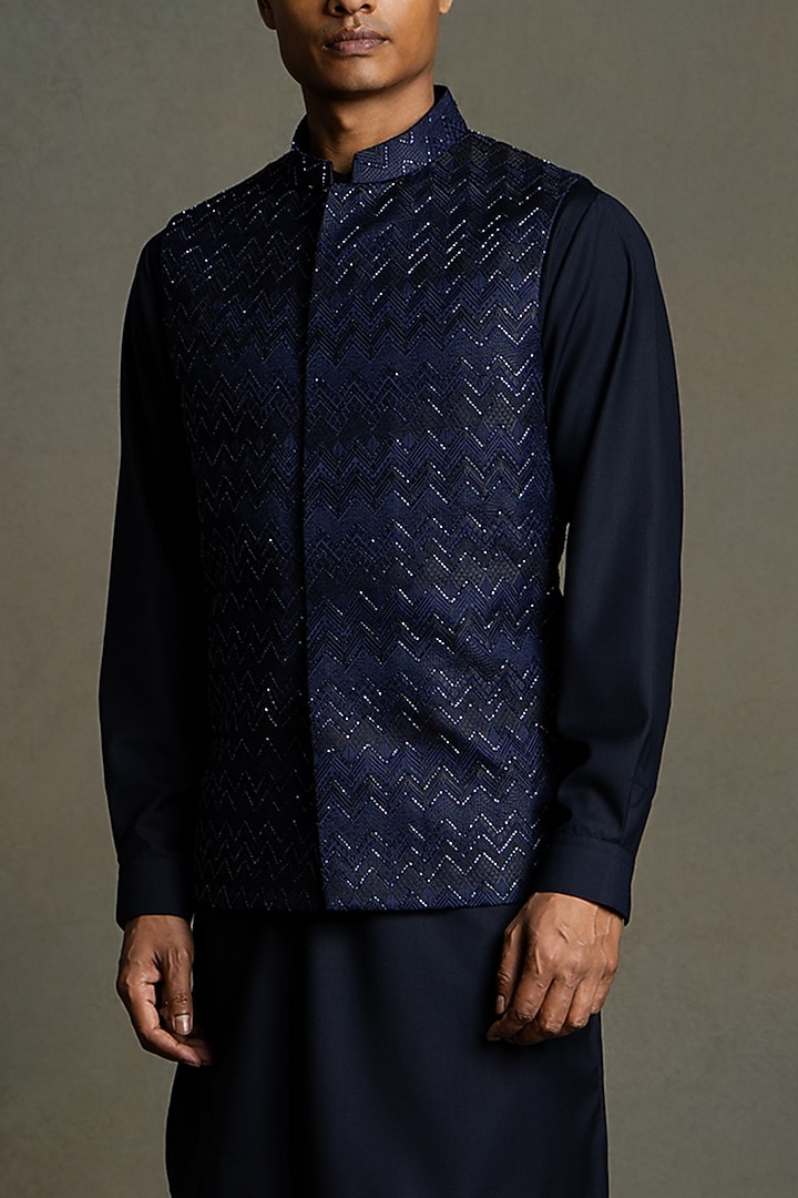 Dark Blue & Black Raw Silk Thread Embroidered Nehru Jacket Set by Line by Shamim Khan at Pernia's Pop Up Shop