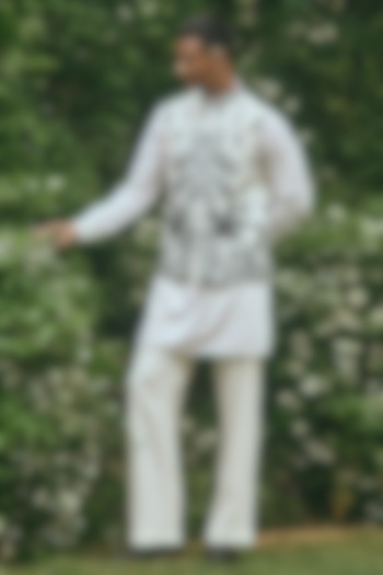 Off-White Dupion Silk Thread Embroidered Nehru Jacket Set by Line by Shamim Khan at Pernia's Pop Up Shop