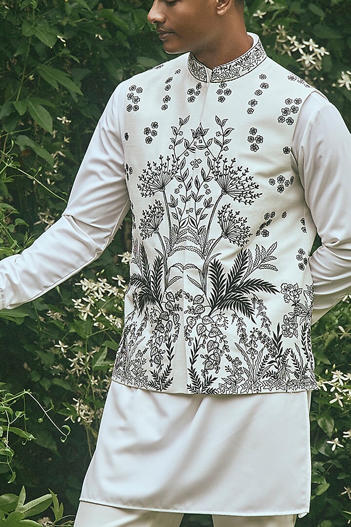 Off-White Dupion Silk Thread Embroidered Nehru Jacket Set by Line by Shamim Khan at Pernia's Pop Up Shop
