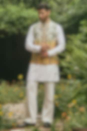 Mustard Ombre Dupion Silk Thread Embroidered Nehru Jacket Set by Line by Shamim Khan at Pernia's Pop Up Shop