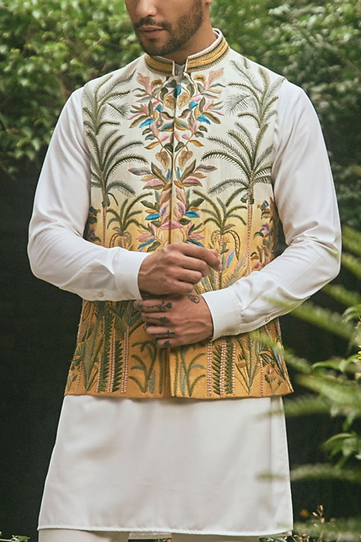 Mustard Ombre Dupion Silk Thread Embroidered Nehru Jacket Set by Line by Shamim Khan at Pernia's Pop Up Shop