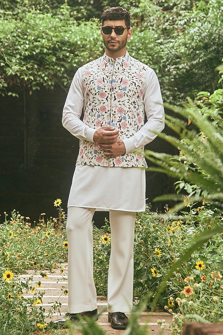 Off-White Raw Silk Thread Embroidered Nehru Jacket Set by Line by Shamim Khan at Pernia's Pop Up Shop