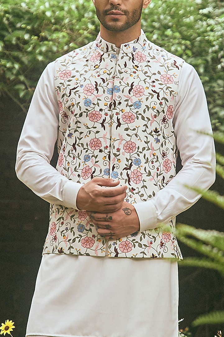 Off-White Raw Silk Thread Embroidered Nehru Jacket Set by Line by Shamim Khan at Pernia's Pop Up Shop