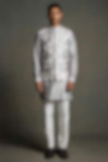 Silver Dupion Silk Thread Embroidered Nehru Jacket Set by Line by Shamim Khan at Pernia's Pop Up Shop
