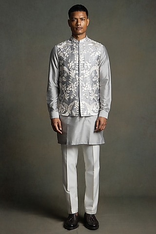 Silver Dupion Silk Thread Embroidered Nehru Jacket Set by Line by Shamim Khan