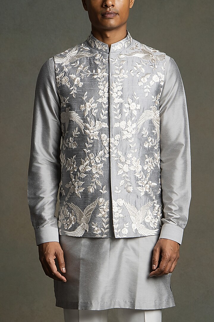 Silver Dupion Silk Thread Embroidered Nehru Jacket Set by Line by Shamim Khan at Pernia's Pop Up Shop