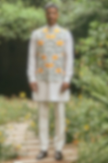 Off-White Raw Silk Thread Embroidered Nehru Jacket Set by Line by Shamim Khan at Pernia's Pop Up Shop