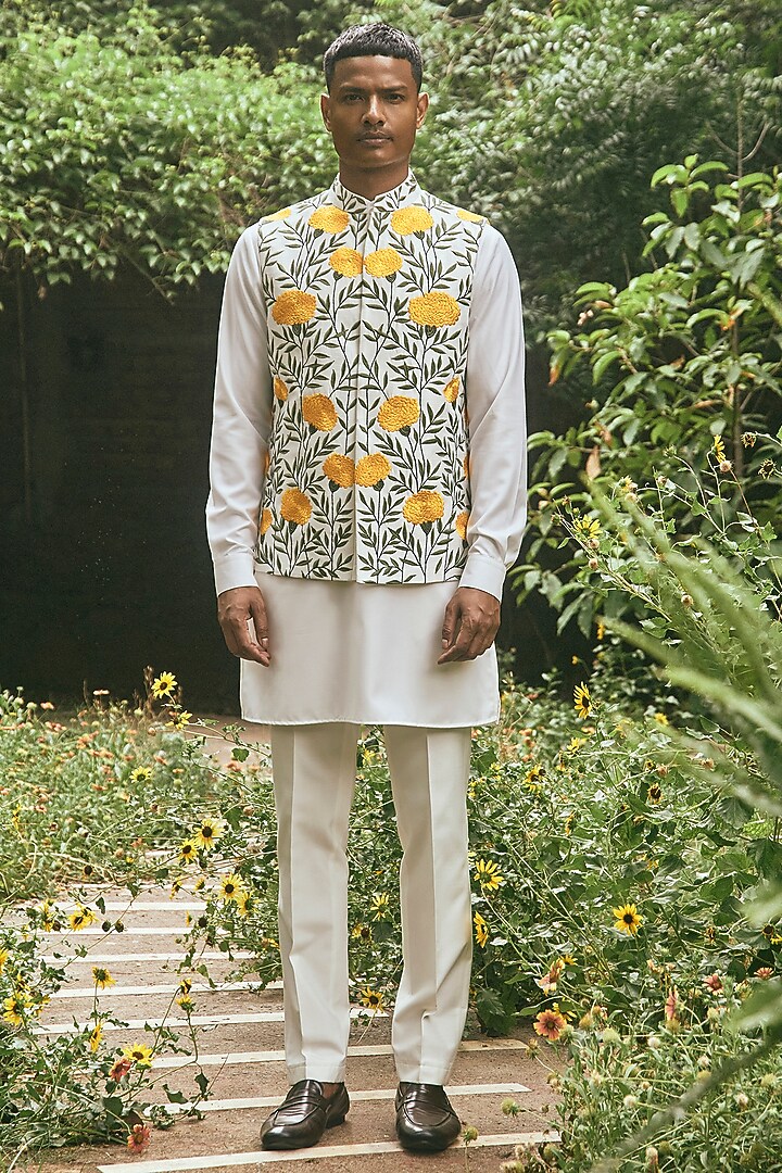 Off-White Raw Silk Thread Embroidered Nehru Jacket Set by Line by Shamim Khan at Pernia's Pop Up Shop