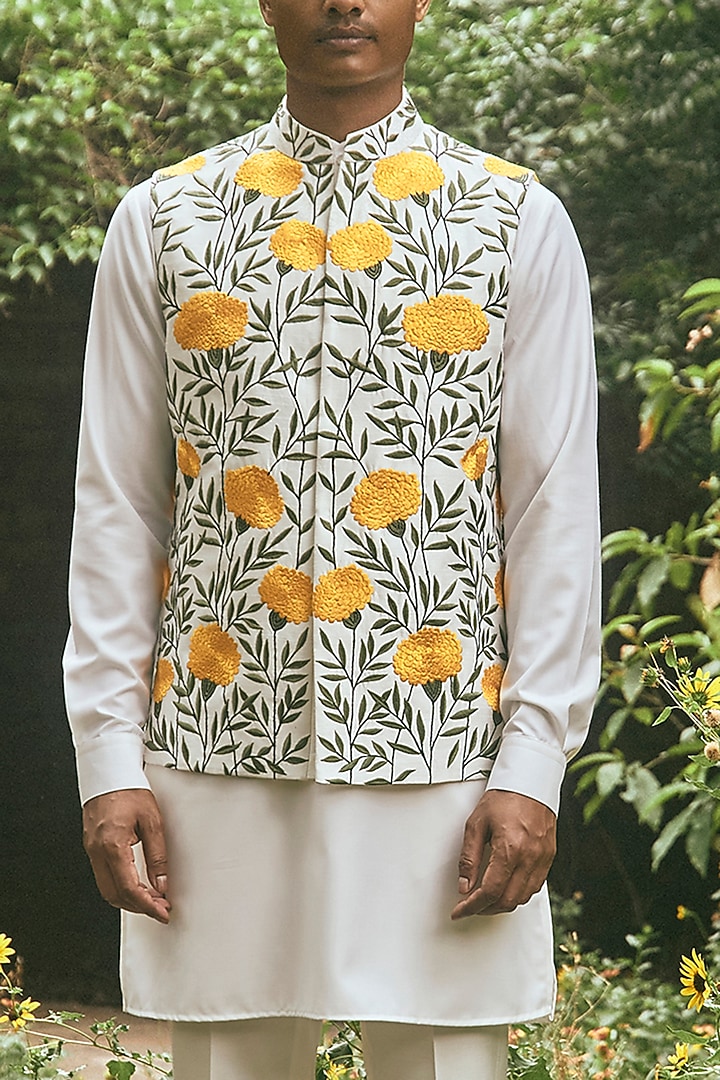 Off-White Raw Silk Thread Embroidered Nehru Jacket Set by Line by Shamim Khan at Pernia's Pop Up Shop