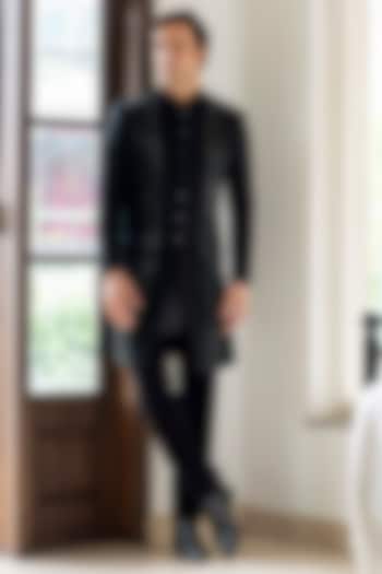 Black Japanese Fabric Glass Cutwork Groom Indowestern Set by Line by Shamim Khan at Pernia's Pop Up Shop