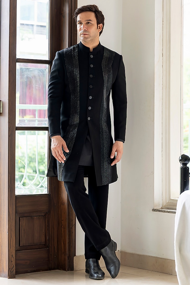 Black Japanese Fabric Glass Cutwork Groom Indowestern Set by Line by Shamim Khan at Pernia's Pop Up Shop