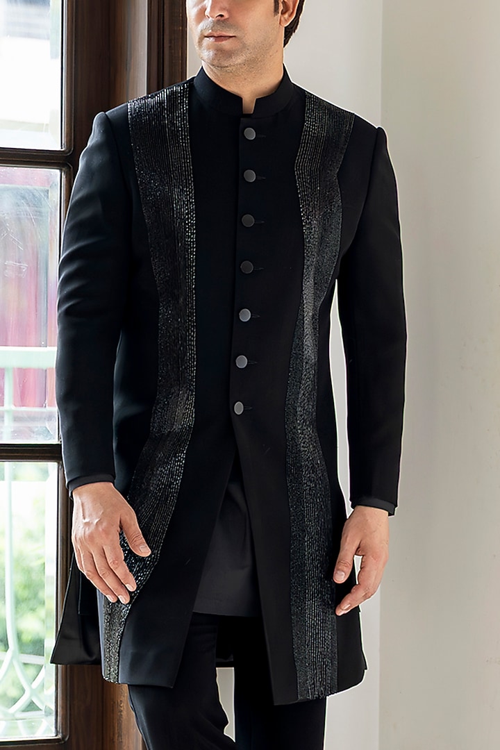 Black Japanese Fabric Glass Cutwork Groom Indowestern Set by Line by Shamim Khan at Pernia's Pop Up Shop