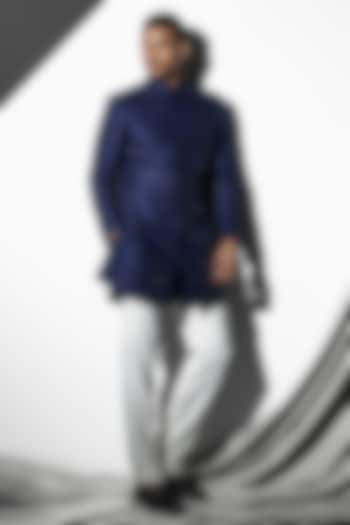 Navy Blue Silk Jacquard Glass Cutwork Groom Indowestern Set by Line by Shamim Khan at Pernia's Pop Up Shop