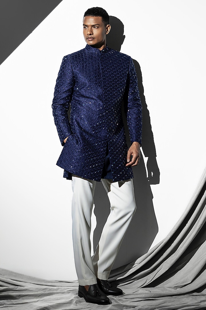 Navy Blue Silk Jacquard Glass Cutwork Groom Indowestern Set by Line by Shamim Khan at Pernia's Pop Up Shop
