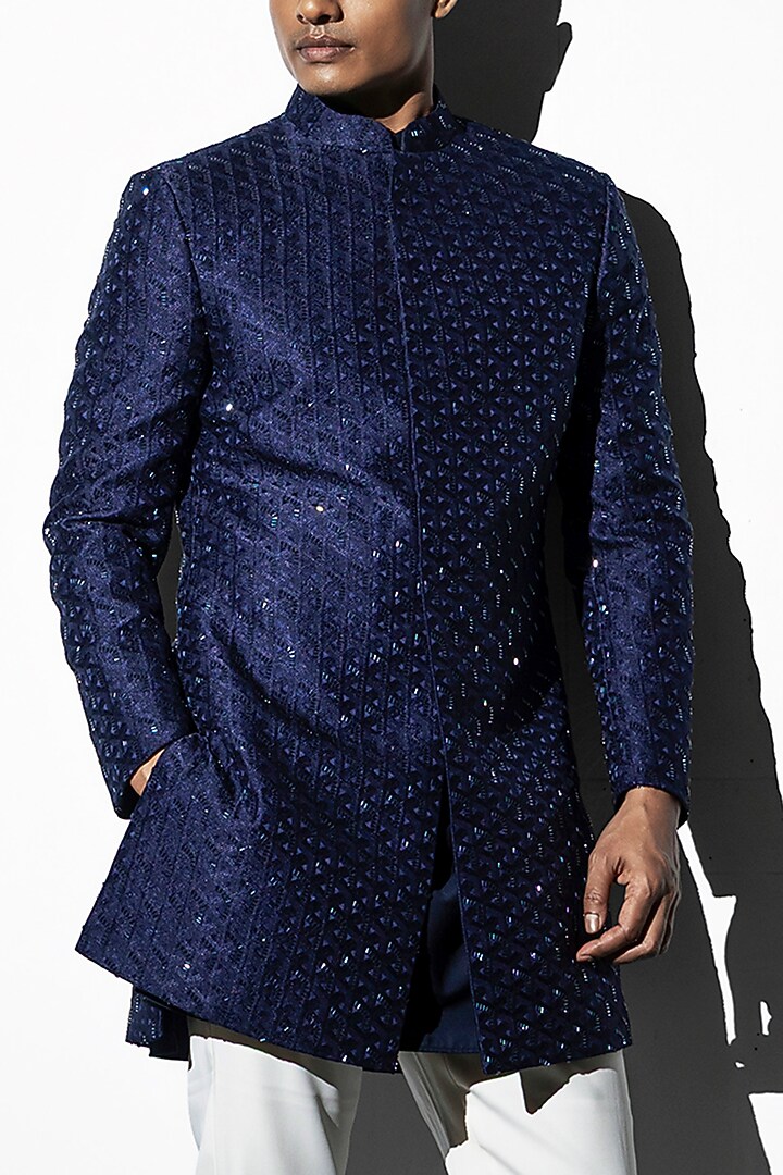 Navy Blue Silk Jacquard Glass Cutwork Groom Indowestern Set by Line by Shamim Khan at Pernia's Pop Up Shop
