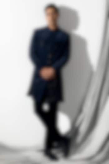 Navy Blue Velvet Stone Work Groom Indowestern Set by Line by Shamim Khan at Pernia's Pop Up Shop