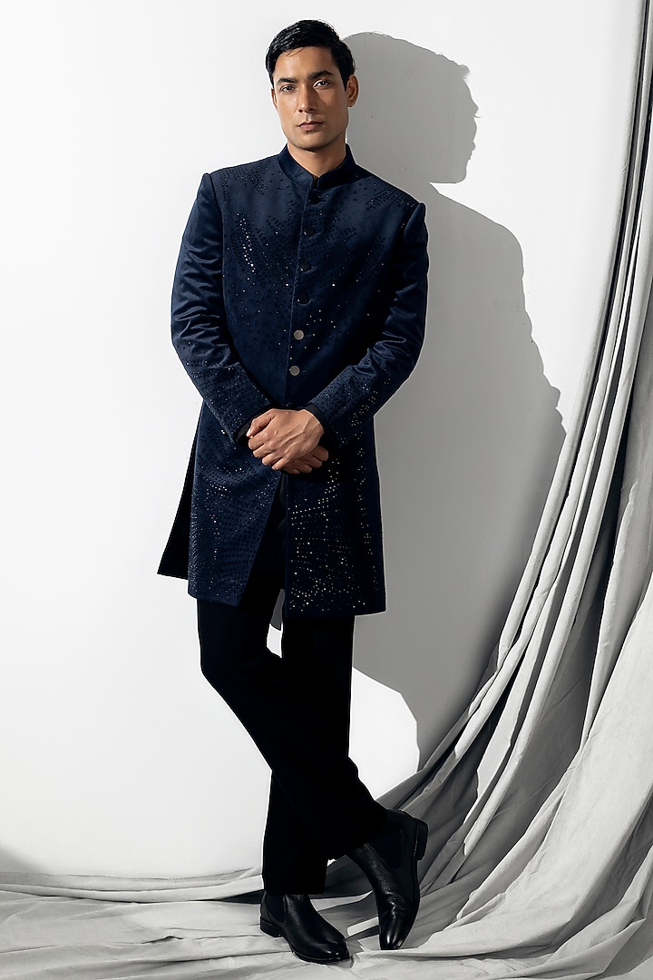 Navy Blue Velvet Stone Work Groom Indowestern Set by Line by Shamim Khan at Pernia's Pop Up Shop